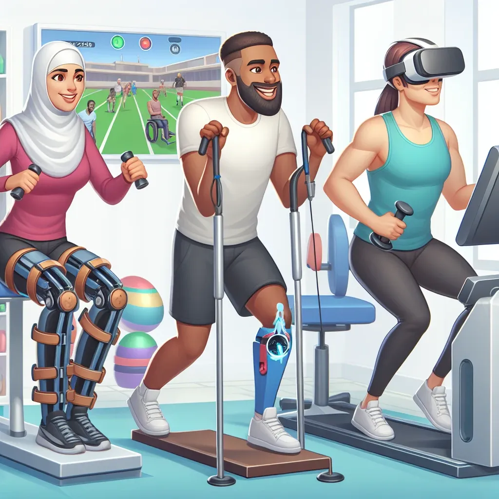 "Imagen de una sesión de rehabilitación física post-accidente utilizando herramientas de gamificación, mostrando a un fisioterapeuta y un paciente interactuando con dispositivos tecnológicos para mejorar la recuperación."