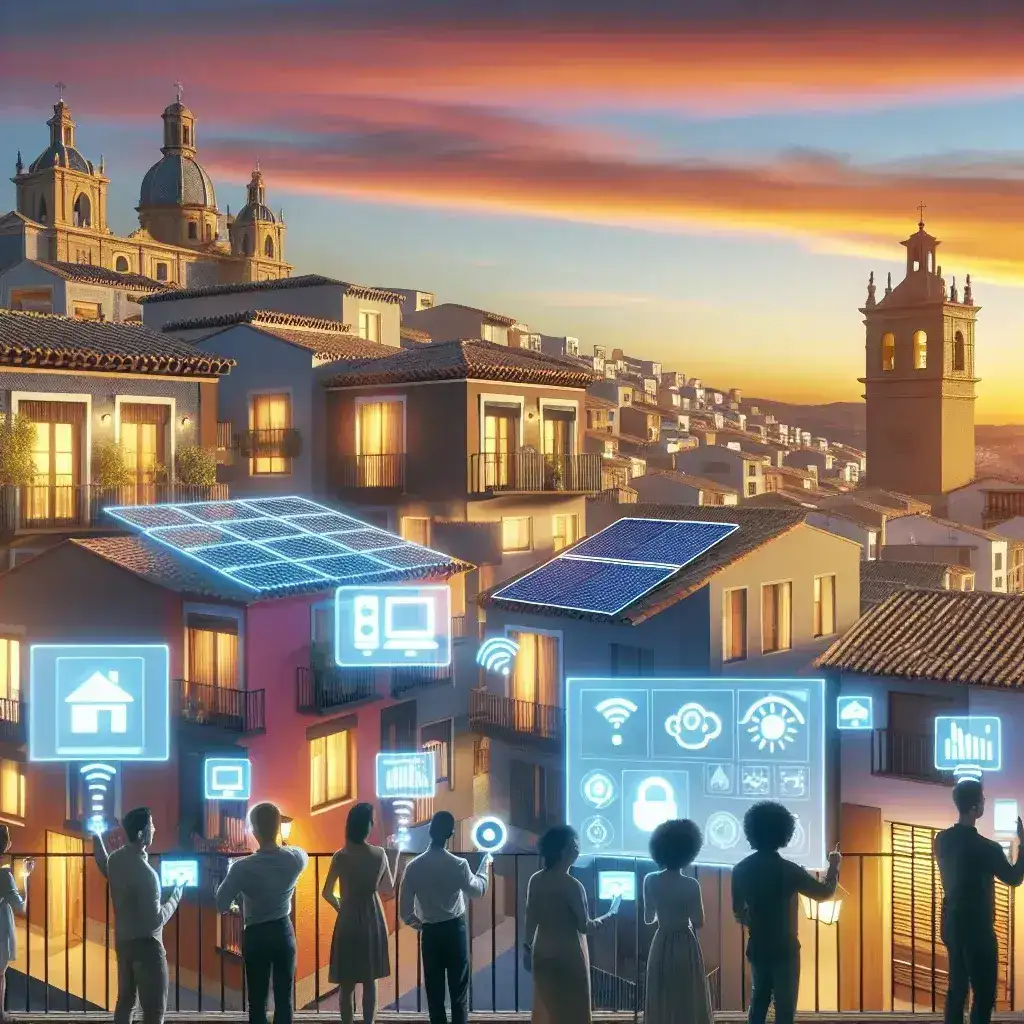"Imagen de un equipo de emprendedores españoles desarrollando aplicaciones de domótica para mejorar la eficiencia energética en comunidades energéticas, enfocados en innovación y sostenibilidad."