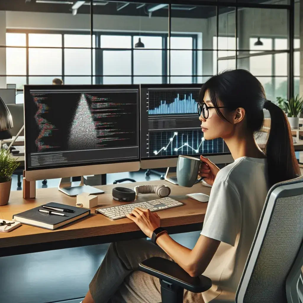 "Desarrollador web utilizando extensiones útiles para aumentar la productividad en su computadora, rodeado de herramientas digitales y código en pantalla."